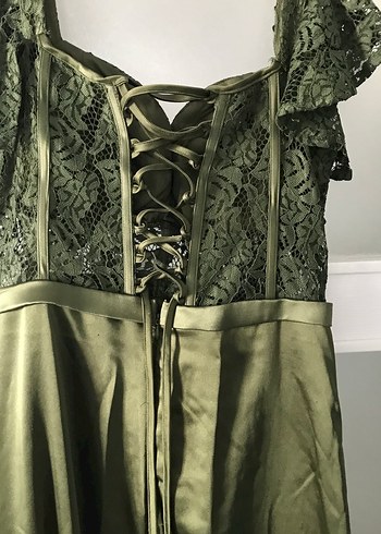 Parlak Haki Uzun Drapeli Abiye Elbise - Görsel 6