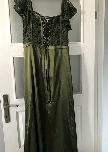 Parlak Haki Uzun Drapeli Abiye Elbise - Görsel 5