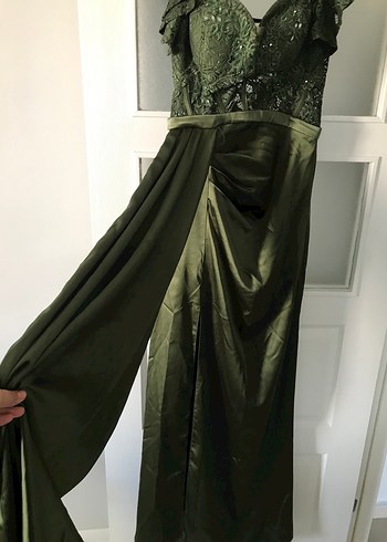 Parlak Haki Uzun Drapeli Abiye Elbise - Görsel 3