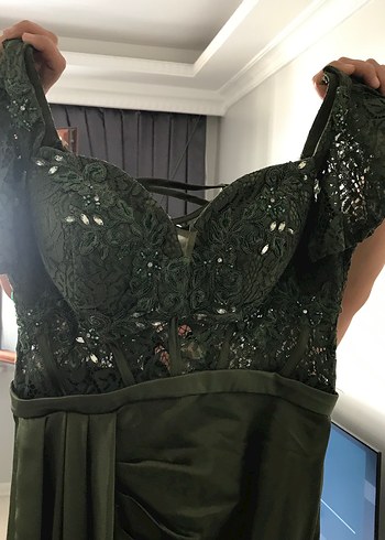 Parlak Haki Uzun Drapeli Abiye Elbise - Görsel 4