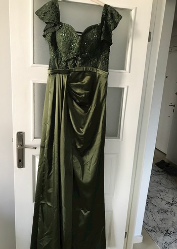 Parlak Haki Uzun Drapeli Abiye Elbise - Görsel 2