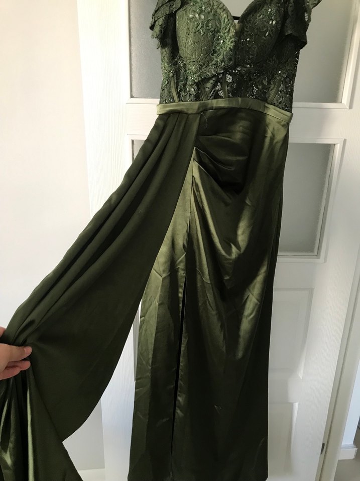 Parlak Haki Uzun Drapeli Abiye Elbise - Görsel 3