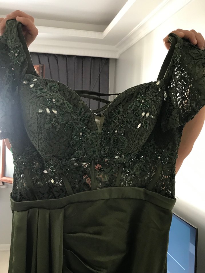 Parlak Haki Uzun Drapeli Abiye Elbise - Görsel 4