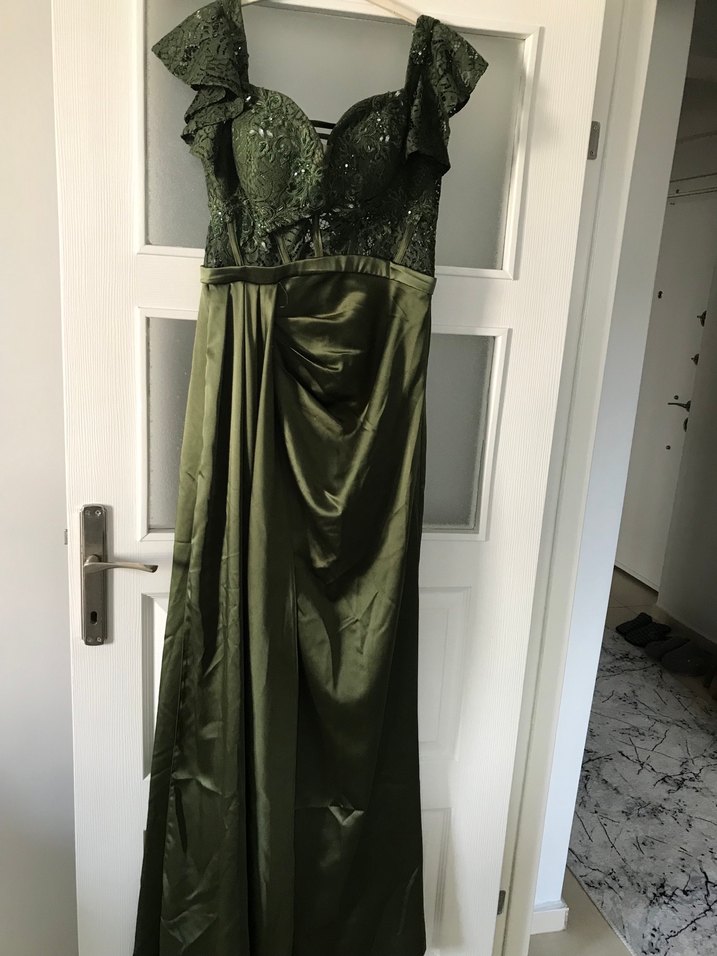 Parlak Haki Uzun Drapeli Abiye Elbise - Görsel 2