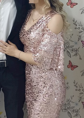 V Yaka Payetli Abiye Elbise - Görsel 2
