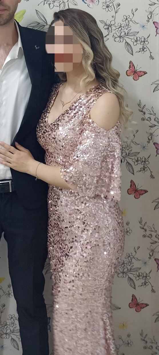 V Yaka Payetli Abiye Elbise - Görsel 2