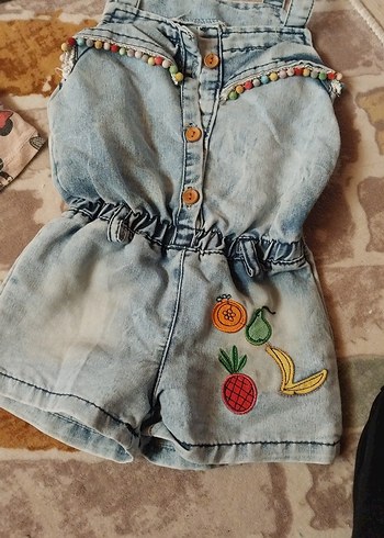 Nakışlı Renkli Kız Kot Tulum - Görsel 4