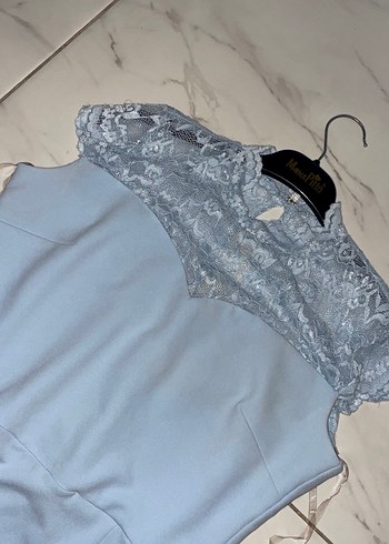 Gri Dantel Detaylı Uzun Abiye Elbise - Görsel 7