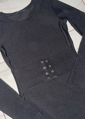 Siyah Uzun Kollu Kemerli Fit Triko Elbise - Görsel 3