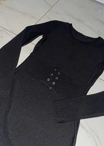 Siyah Uzun Kollu Kemerli Fit Triko Elbise - Görsel 2