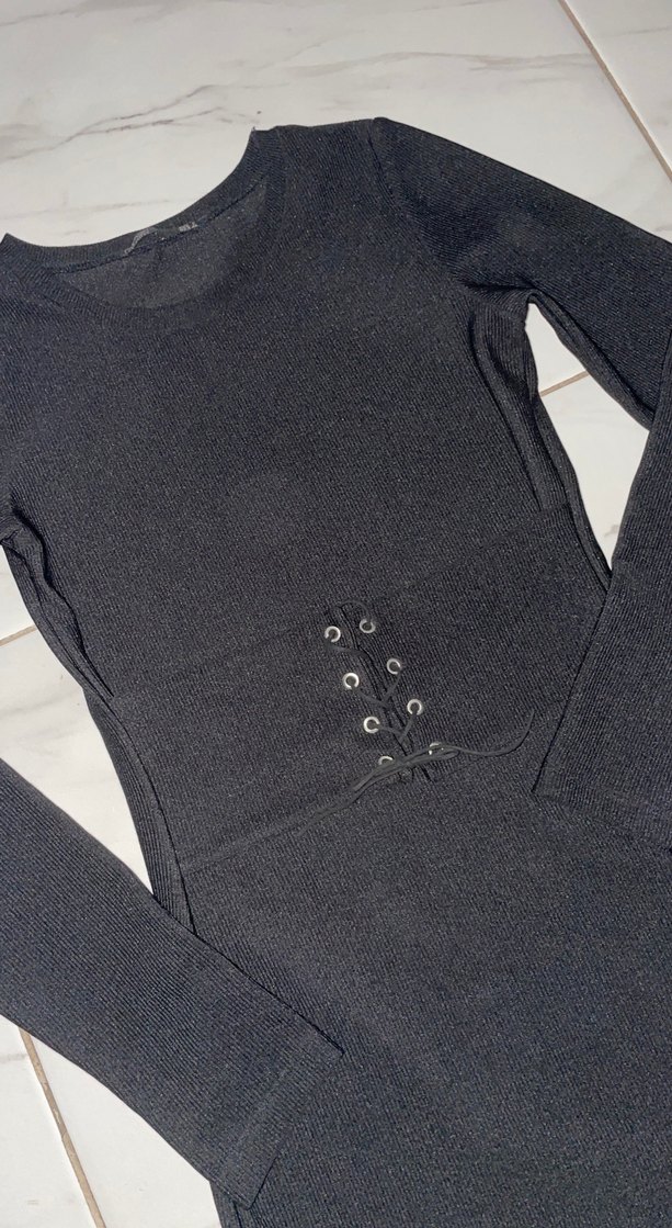 Siyah Uzun Kollu Kemerli Fit Triko Elbise - Görsel 3