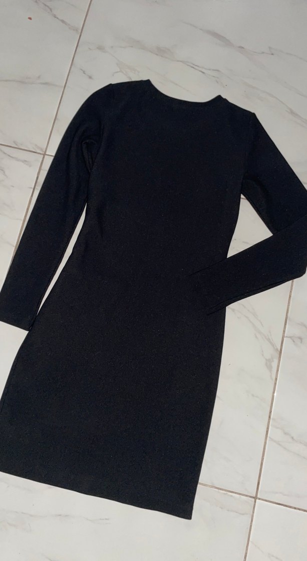 Siyah Uzun Kollu Kemerli Fit Triko Elbise - Görsel 5