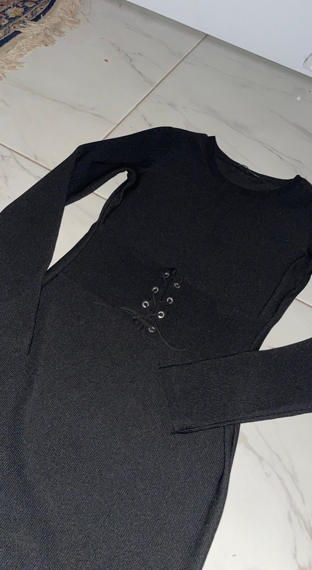 Siyah Uzun Kollu Kemerli Fit Triko Elbise - Görsel 2