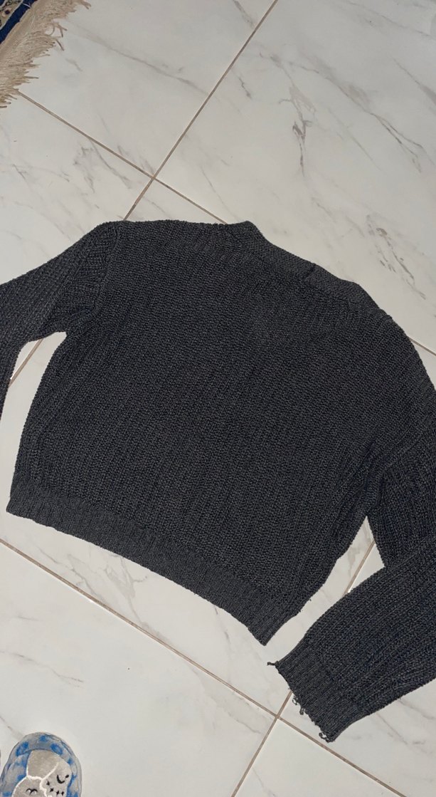 Gri Örgü V Yaka Kadın Hırka - Görsel 5