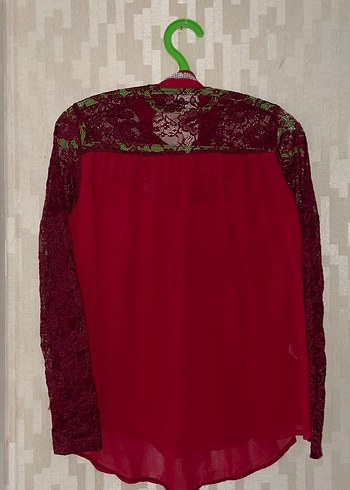 l Beden bordo Renk Dantel Detaylı Bordo Uzun Kollu Bohem Bluz