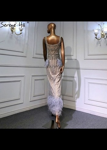 İthal Gri Nakışlı Uzun Drapeli Straplez Abiye - Görsel 6