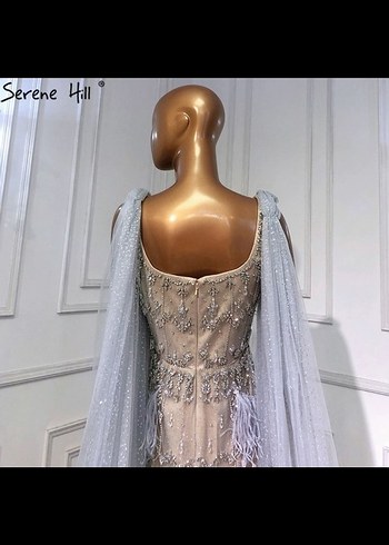 İthal Gri Nakışlı Uzun Drapeli Straplez Abiye - Görsel 8