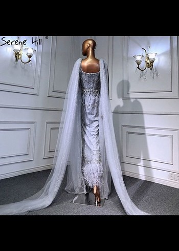 İthal Gri Nakışlı Uzun Drapeli Straplez Abiye - Görsel 7