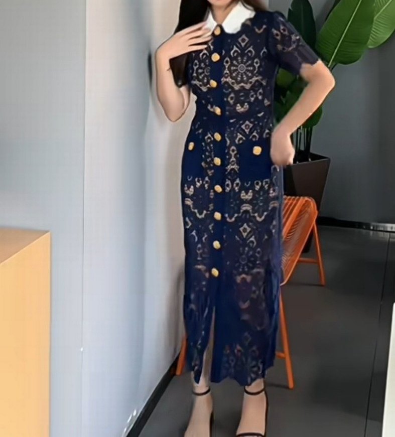 İthal Yüksek Tasarım İşlemeli Lacivert Uzun Elbise - Görsel 3