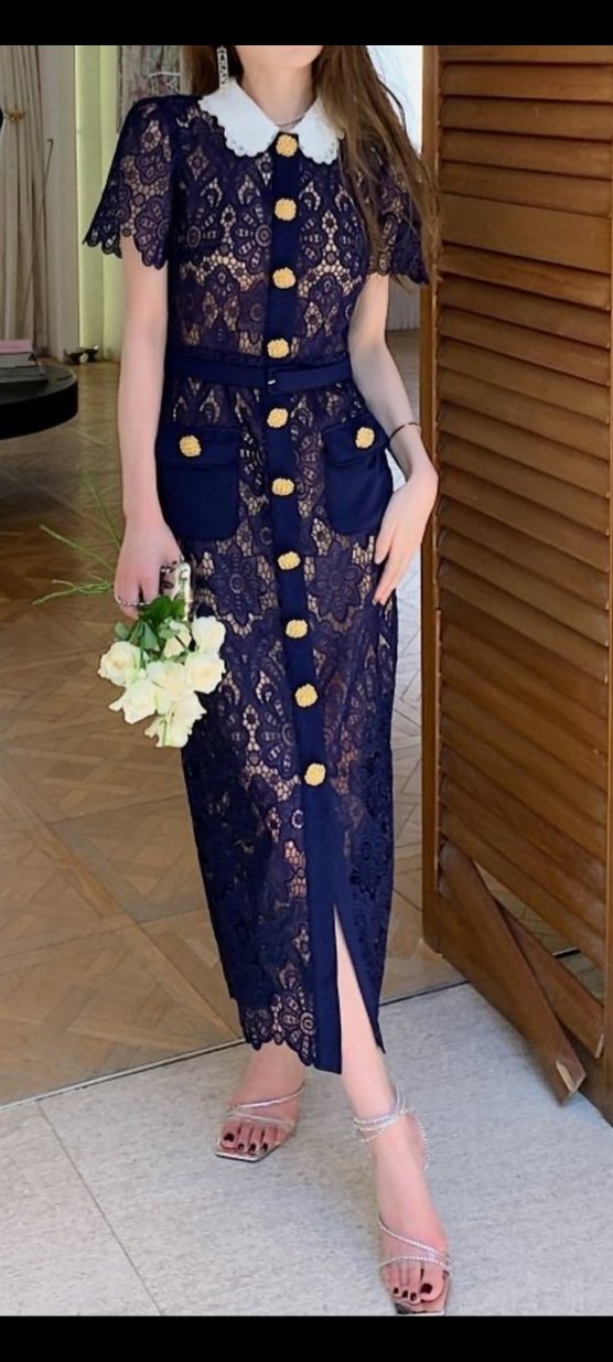 İthal Yüksek Tasarım İşlemeli Lacivert Uzun Elbise - Görsel 2