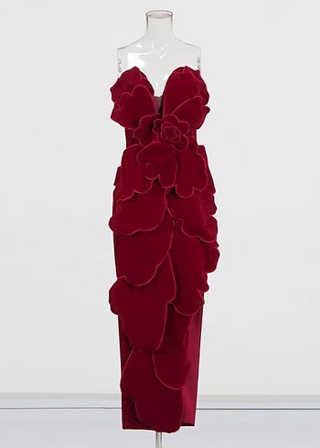 Bordo Straplez Uzun Abiye Elbise - Görsel 8