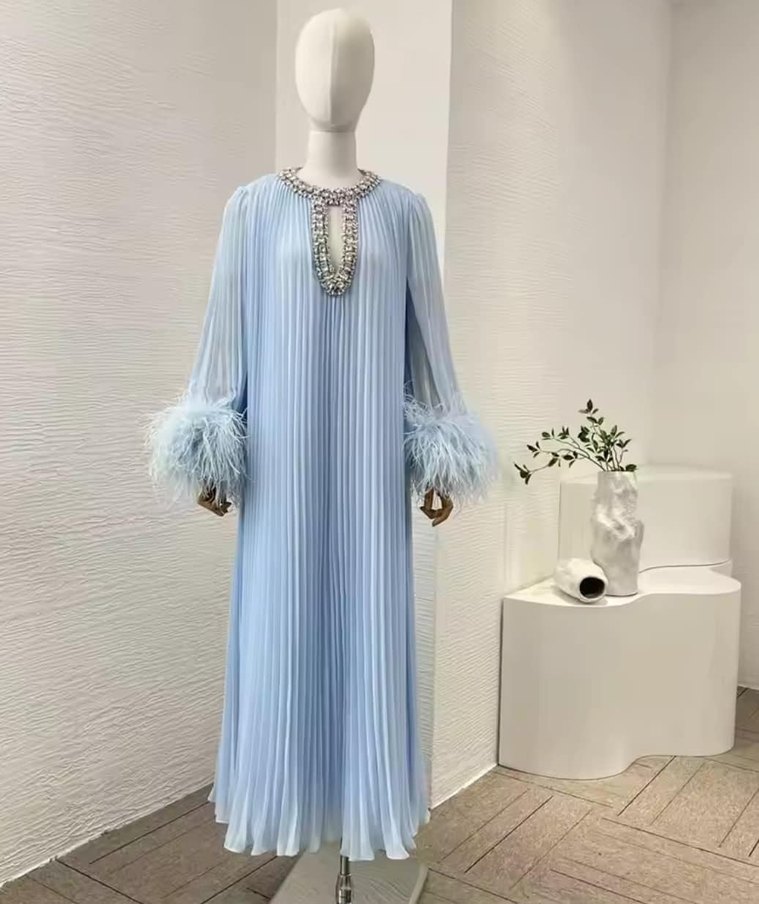 Mavi Pilili Uzun Abiye Elbise - Görsel 2