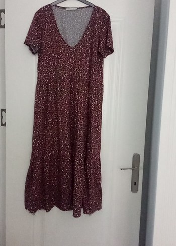 Pull and Bear Bordo V Yakalı Salaş Uzun Elbise
