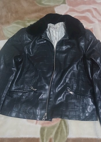 Roman Kadın Siyah Deri Kürklü Biker Ceket