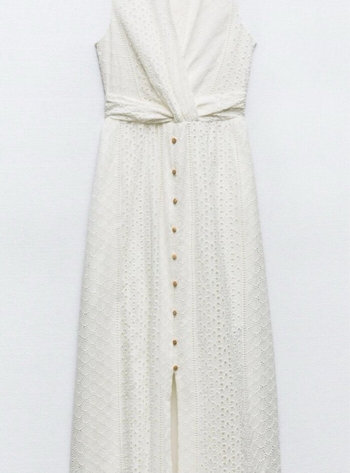 Zara Beyaz Nakışlı Pamuklu Uzun Elbise - Görsel 4