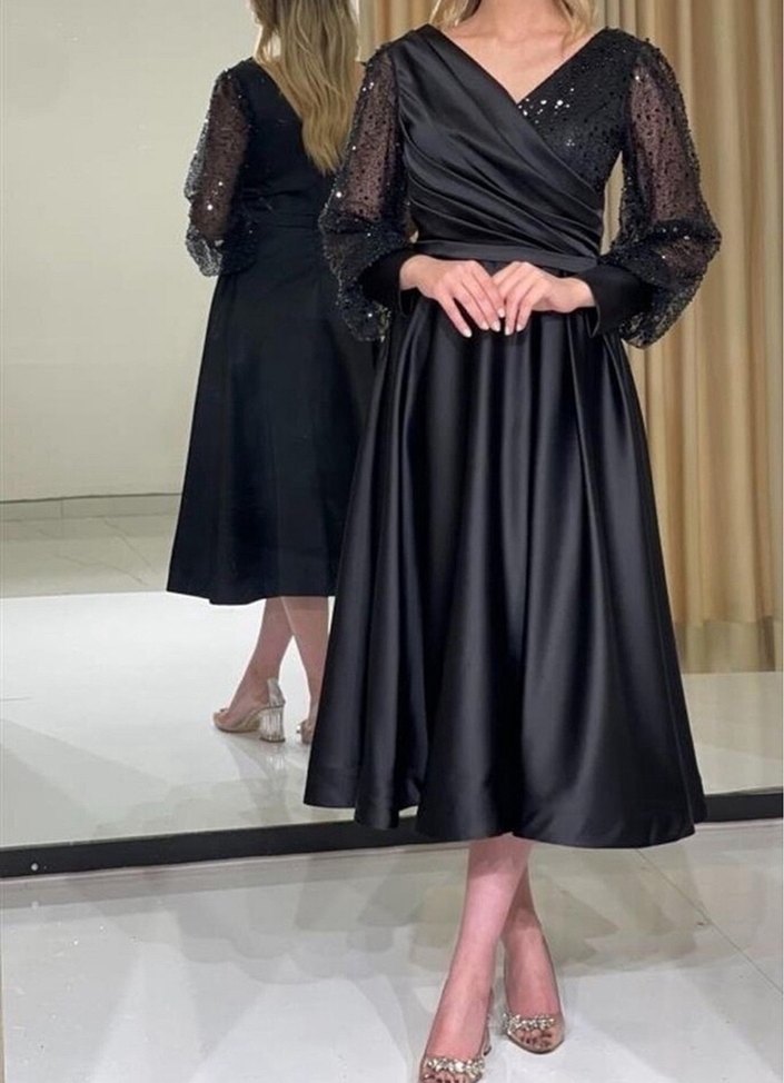 Uzun Siyah Drapeli V Yaka Abiye Elbise - Görsel 2