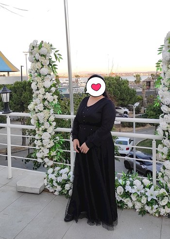Siyah Uzun Kollu V Yaka abiye elbise