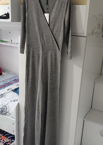 Gri V Yakalı Uzun Kollu Kadın Tulum - Görsel 7