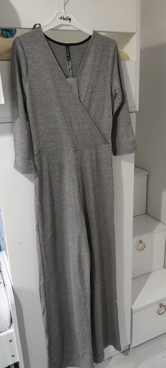 Gri V Yakalı Uzun Kollu Kadın Tulum - Görsel 5