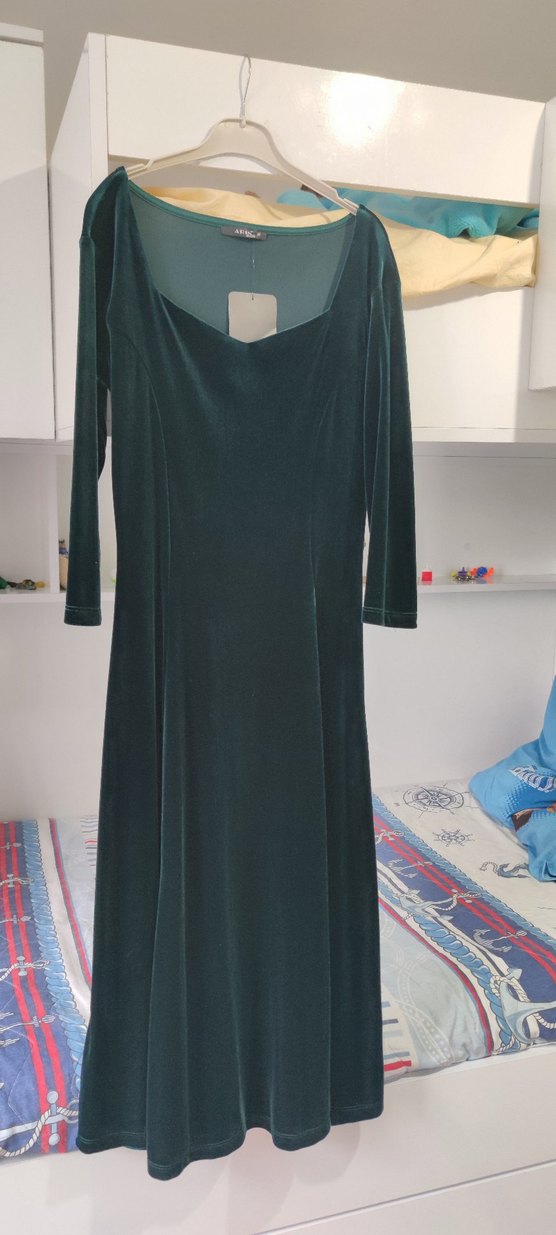 Uzun Kol Drapeli Yeşil Kadın Elbise - Görsel 3