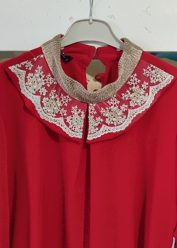 Nakışlı Kırmızı Uzun Tunik - Görsel 8