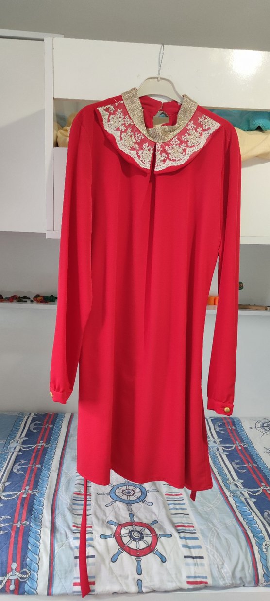 Nakışlı Kırmızı Uzun Tunik - Görsel 5