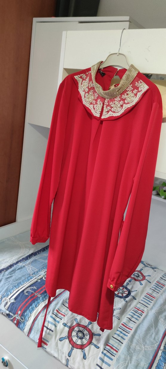 Nakışlı Kırmızı Uzun Tunik - Görsel 3