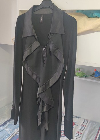 Önden Drapeli Siyah Uzun Kadın Elbise - Görsel 7