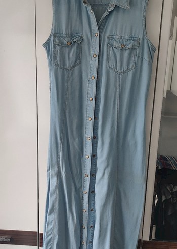 Kadın Mavi Uzun Denim Elbise - Görsel 5