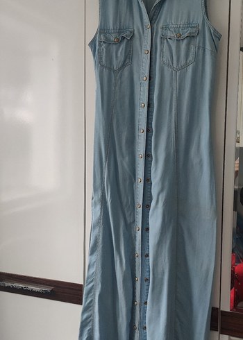 Kadın Mavi Uzun Denim Elbise - Görsel 7