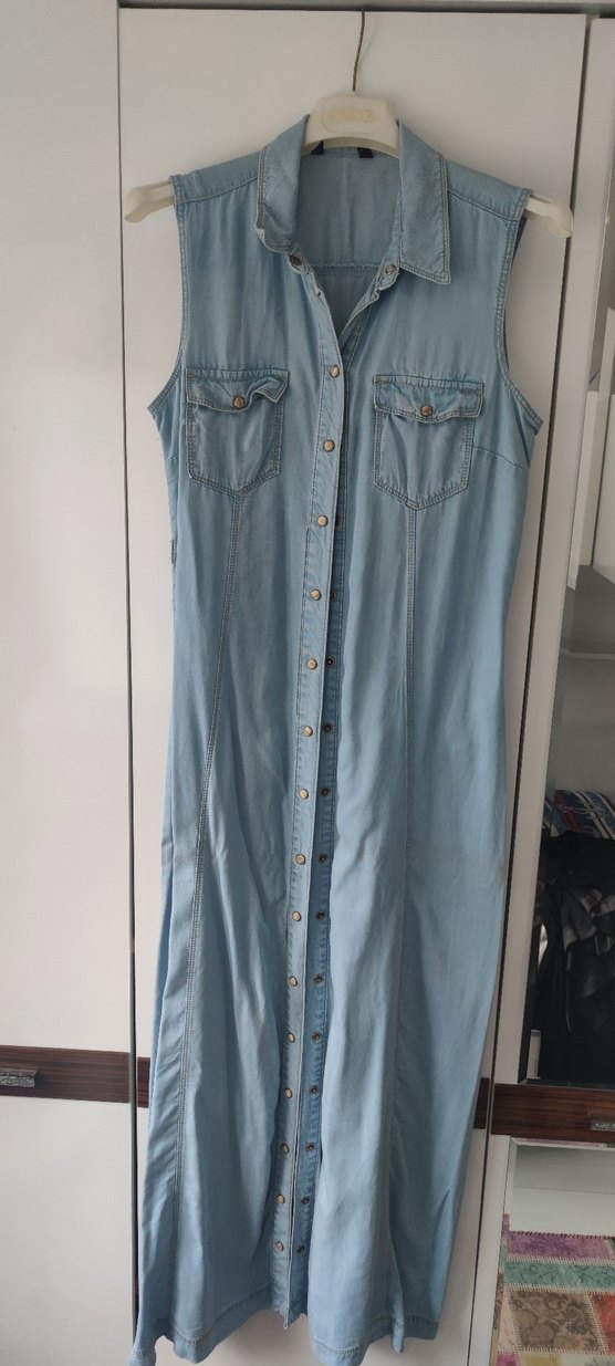 Kadın Mavi Uzun Denim Elbise - Görsel 5