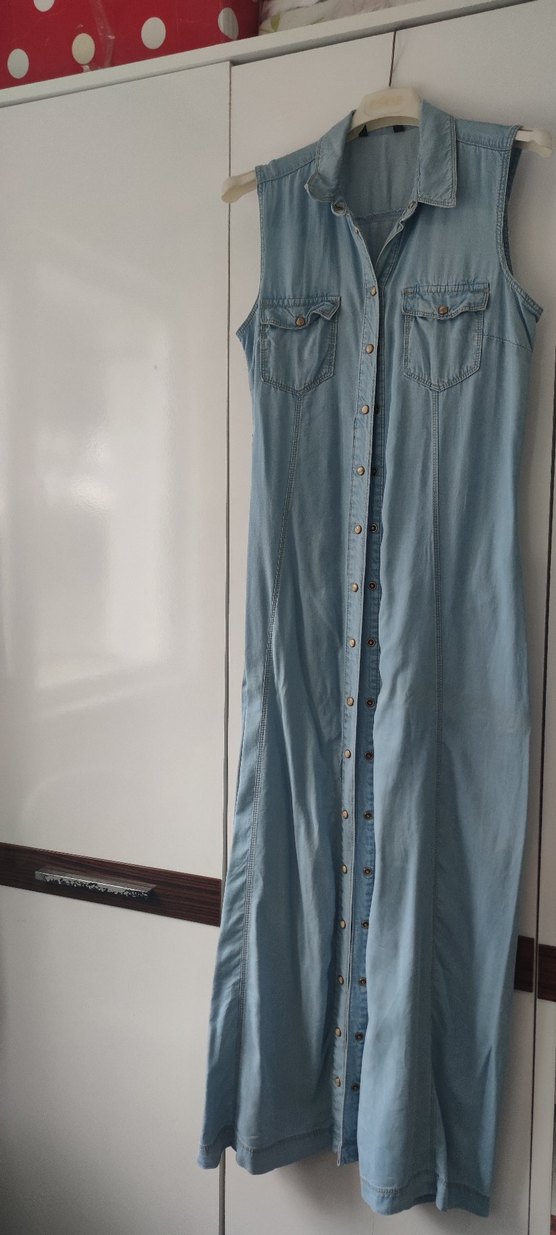 Kadın Mavi Uzun Denim Elbise - Görsel 3