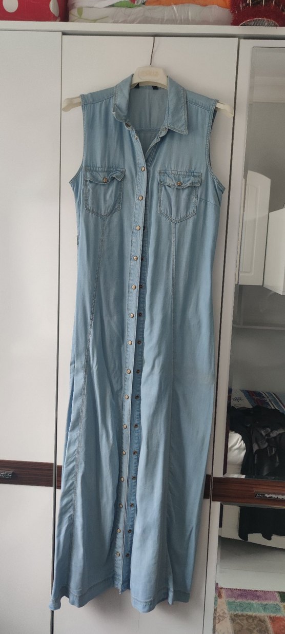 Kadın Mavi Uzun Denim Elbise - Görsel 2