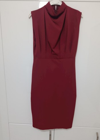 Bordo Yüksek Yakalı Drapeli Midi Elbise - Görsel 5