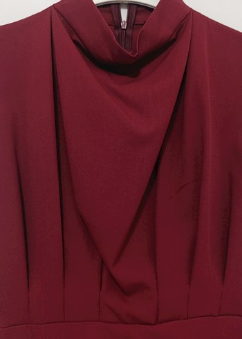 Bordo Yüksek Yakalı Drapeli Midi Elbise - Görsel 2