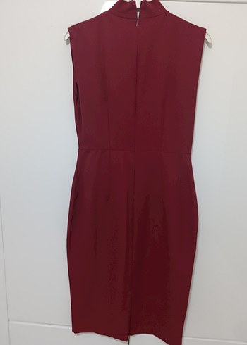 Bordo Yüksek Yakalı Drapeli Midi Elbise - Görsel 3