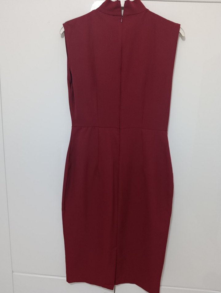 Bordo Yüksek Yakalı Drapeli Midi Elbise - Görsel 3