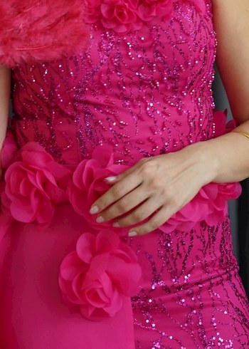 Pembe Drapeli kalın askılı  Abiye Elbise - Görsel 2