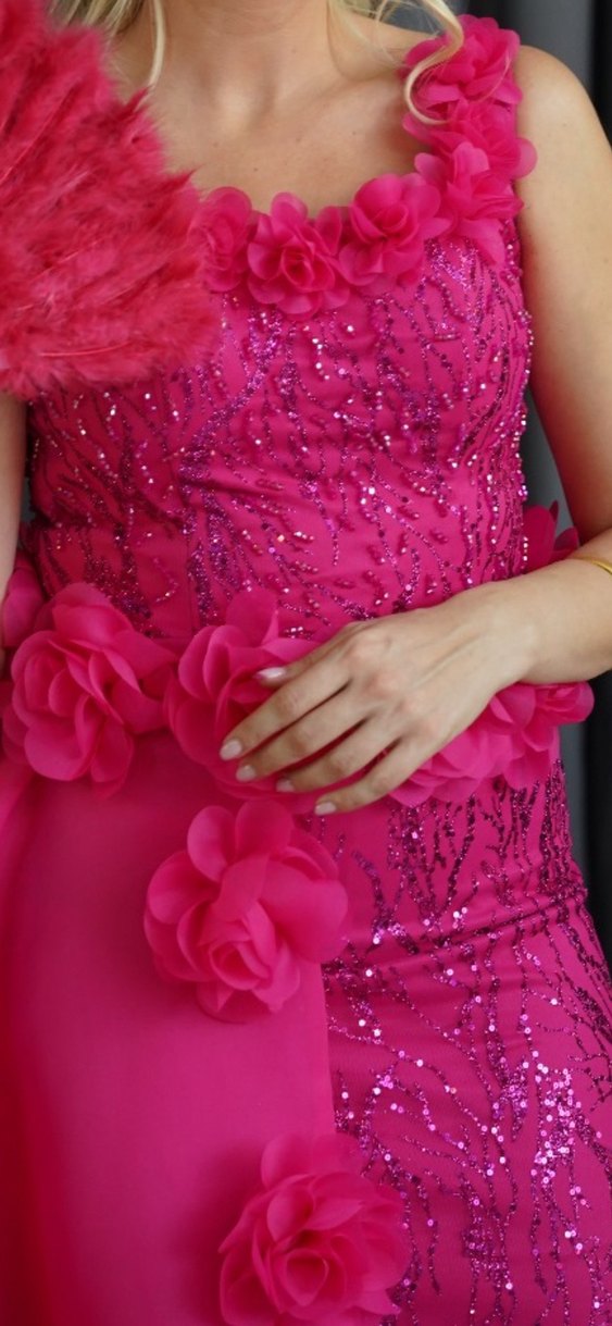 Pembe Drapeli kalın askılı  Abiye Elbise - Görsel 2