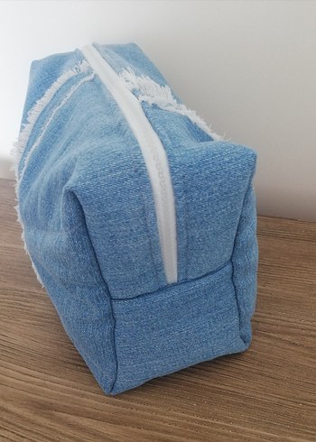 Mavi Kot Kumaş Fermuarlı Makyaj Çantası - Görsel 3